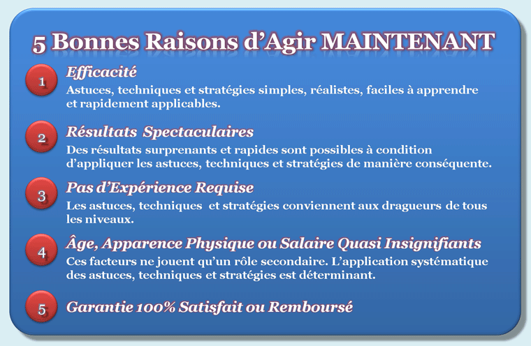 5 bonnes raisons d'agir maintenant : 1. techniques de drague efficaces, 2. résultats spectaculaires, 3. les astuces conviennent aux dragueurs de tous les niveaux, 4. âge, apparence physique ou salaire quasi insignifiants, 5. garantie 100% satisfait ou remboursé